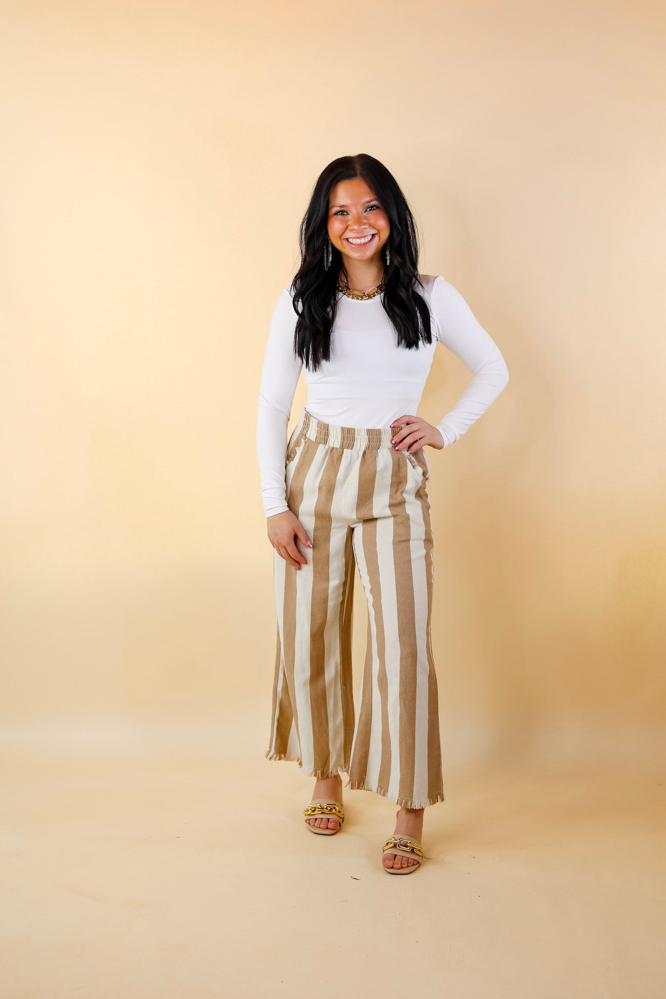 Right On Cue Elastic Waistband Striped Cropped Pants with Frayed Hem in Taupe - Giddy Up Glamour Boutique