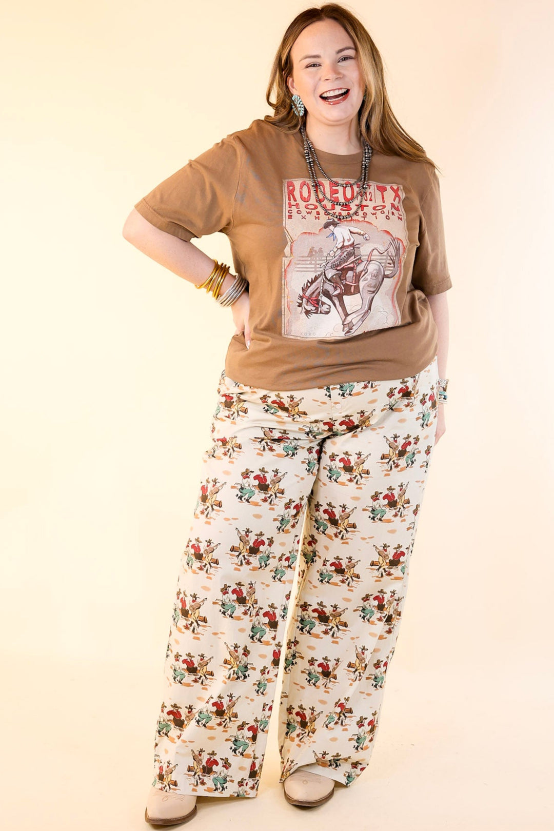 Newest Trend Cowboy Print Cotton Pants with Elastic Waistband in Ivory