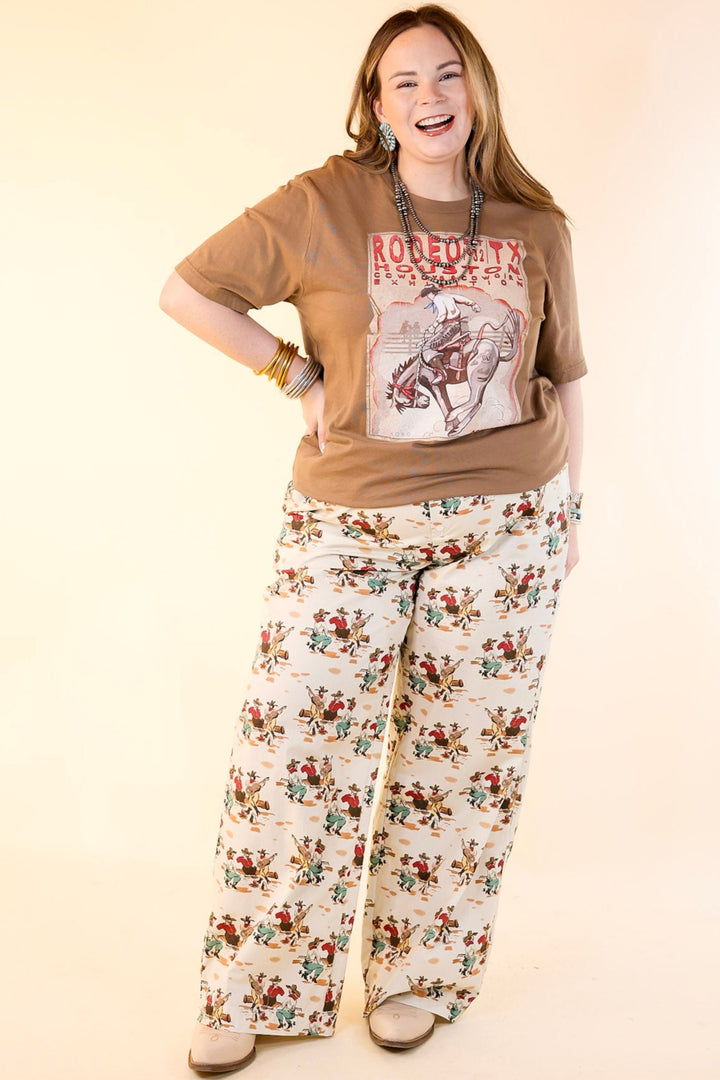 Newest Trend Cowboy Print Cotton Pants with Elastic Waistband in Ivory