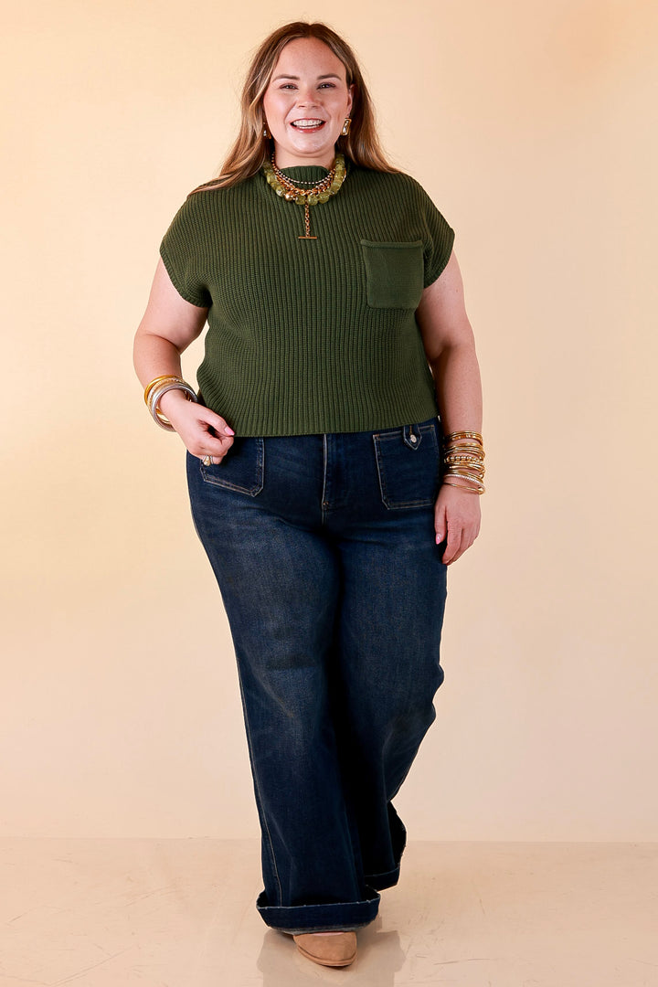 Repeat Worthy Cap Sleeve Cropped Sweater with Front Pocket in Olive Green