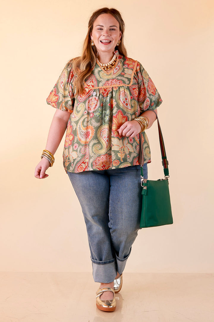 Blooming Days Ahead Paisley Print V Neck Blouse with Puff Sleeves, Ruffle Trim Collar and Lace Trim Yoke in Olive Green Mix