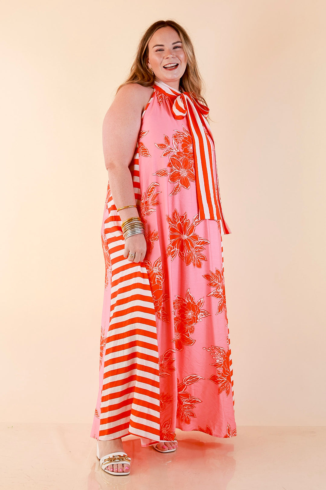 Meet Me in Palm Beach Floral Print Halter Maxi Dress with Adjustable Bow Tie Neck in Pink and Orange