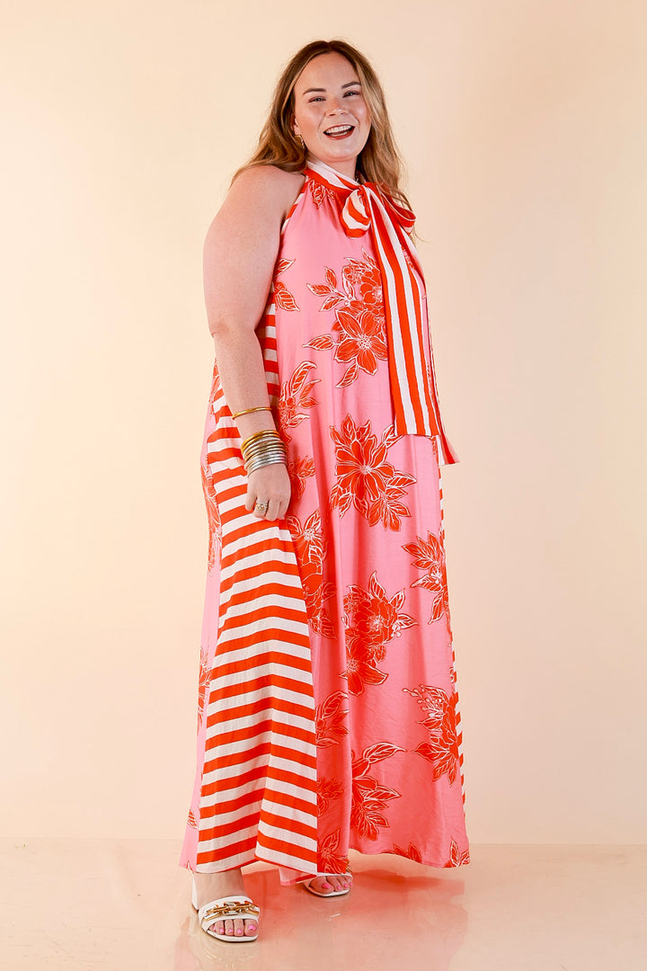 Meet Me in Palm Beach Floral Print Halter Maxi Dress with Adjustable Bow Tie Neck in Pink and Orange