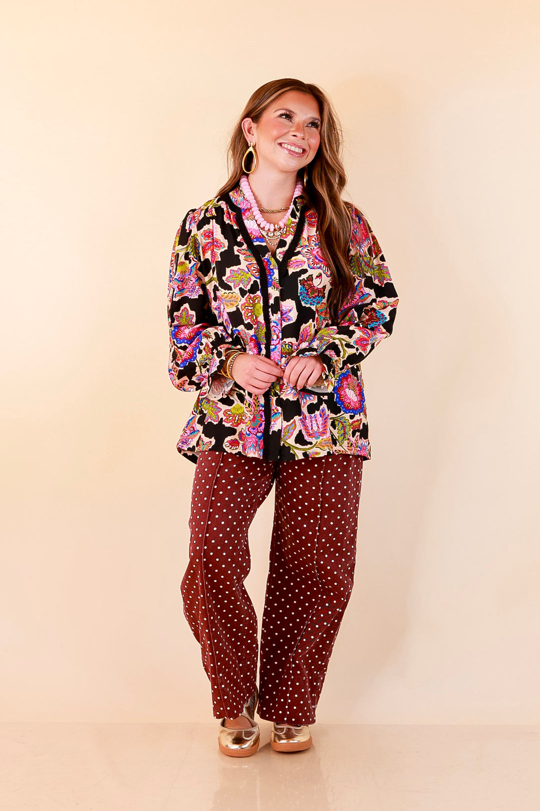 Petal Pop Floral Print Ruffle Front Button Up Long Sleeve Top with Balloon Sleeves in Black