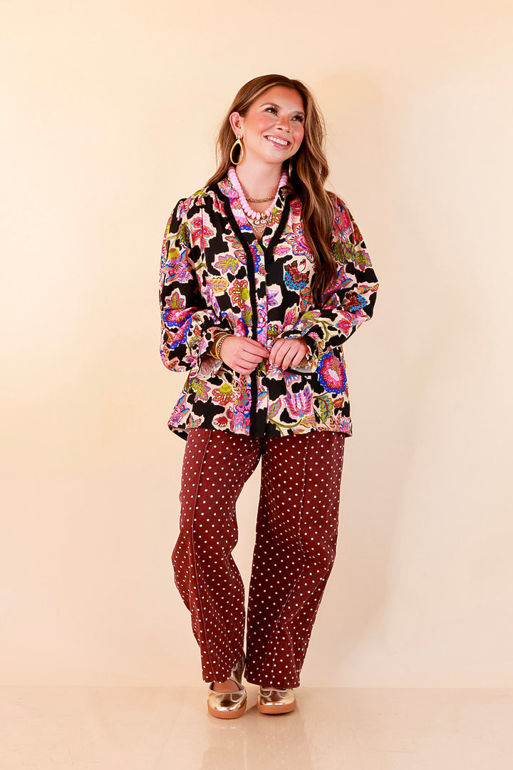 Petal Pop Floral Print Ruffle Front Button Up Long Sleeve Top with Balloon Sleeves in Black