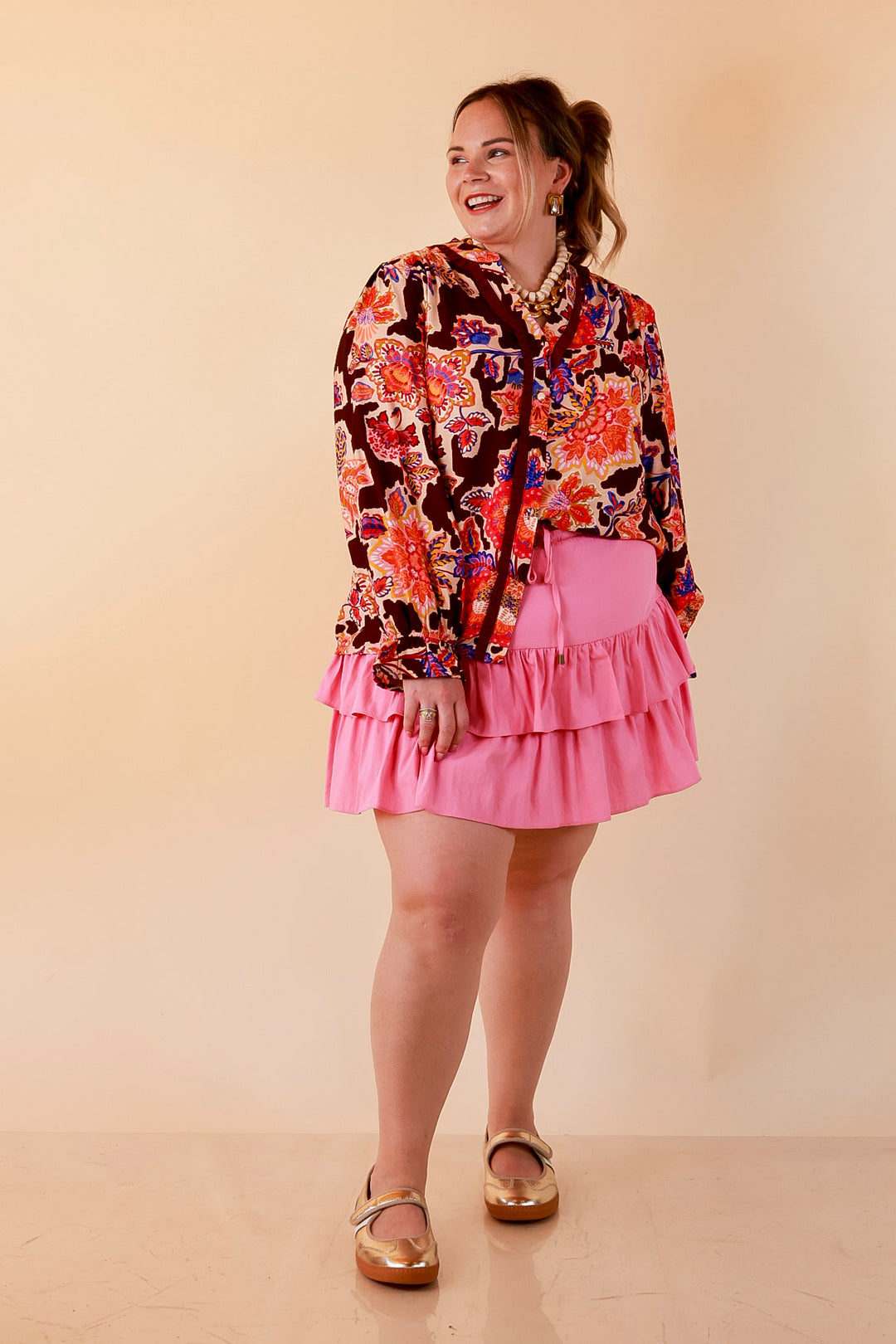 Petal Pop Floral Print Ruffle Front Button Up Long Sleeve Top with Balloon Sleeves in Coco Brown