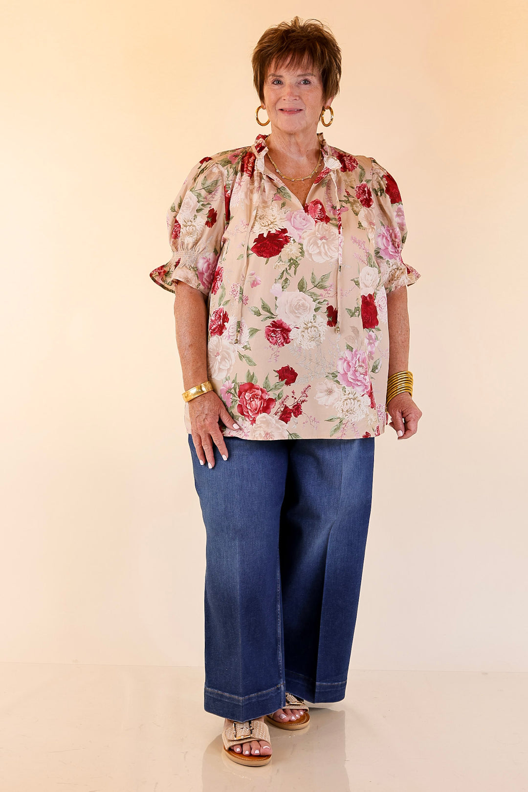 Freshly Picked Floral Print Top with Short Puff Sleeves in Beige