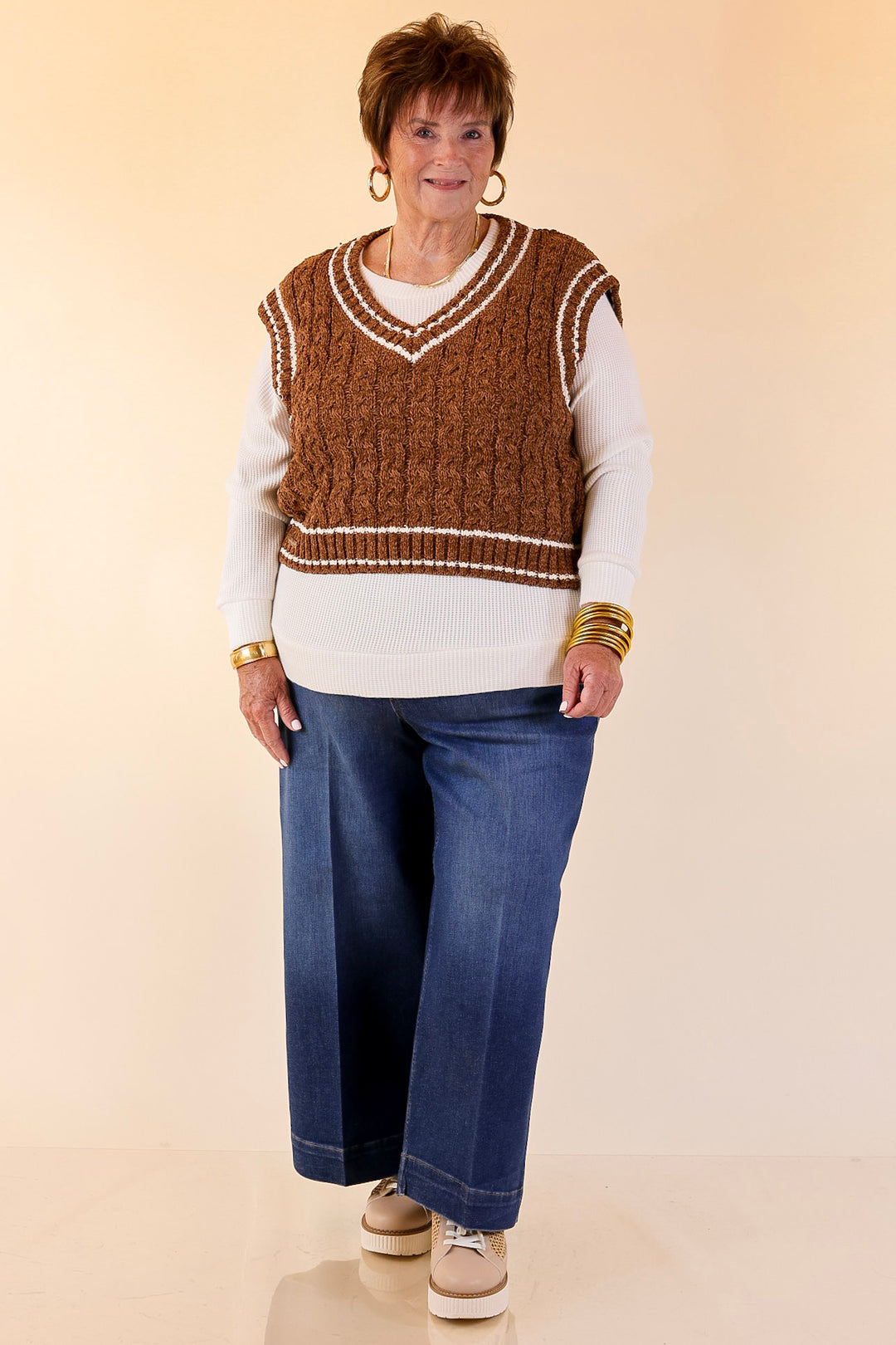 Simply Southern | Bliss Cable Knit Teddy Sweater Vest with V-Neckline and Contrast Trim in Umber Brown