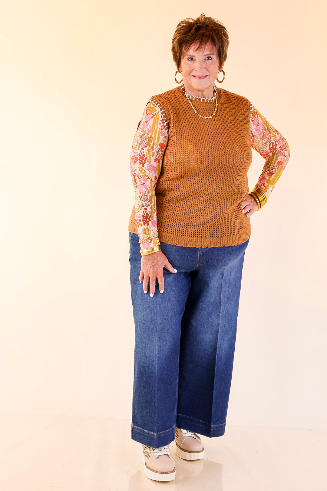 Simply Southern | Olivia Large Knit Sweater Vest with Contrast White Stitching in Tan Brown