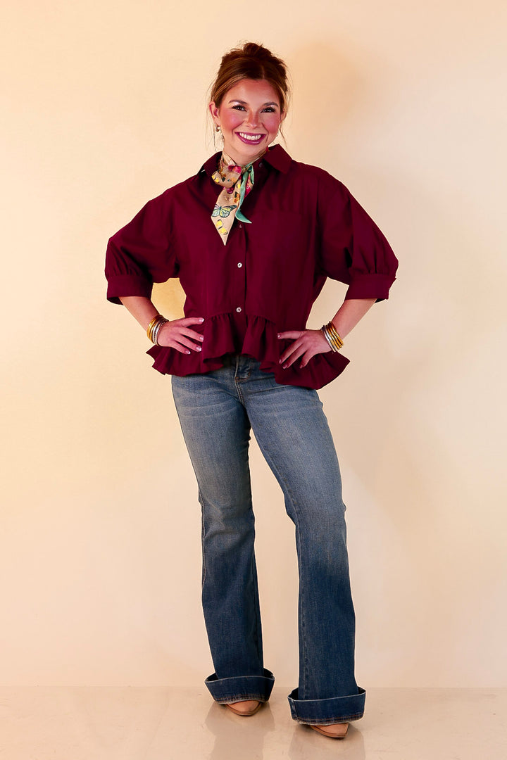 Style Agenda Solid Button Down Peplum Top in Maroon