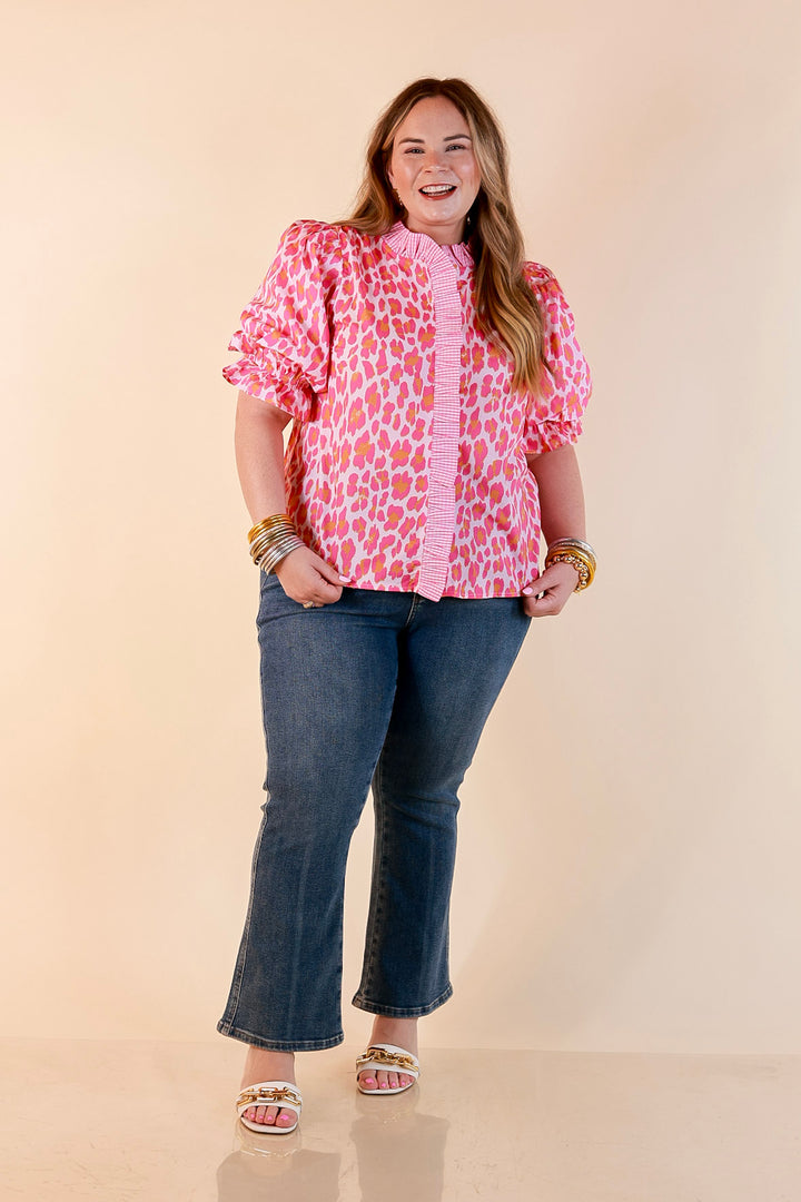 Catch the Compliments Puff Sleeve Ruffle Trim Leopard Print Statement Top in Pink and Orange