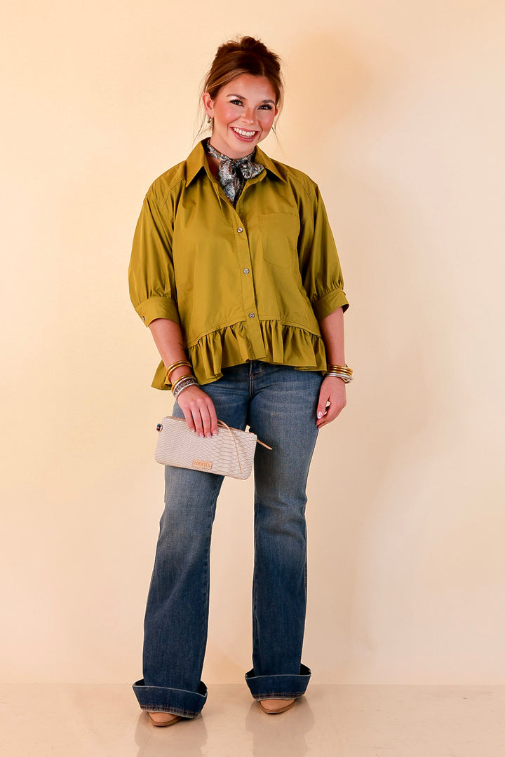 Style Agenda Solid Button Down Peplum Top in Chartreuse Olive Green
