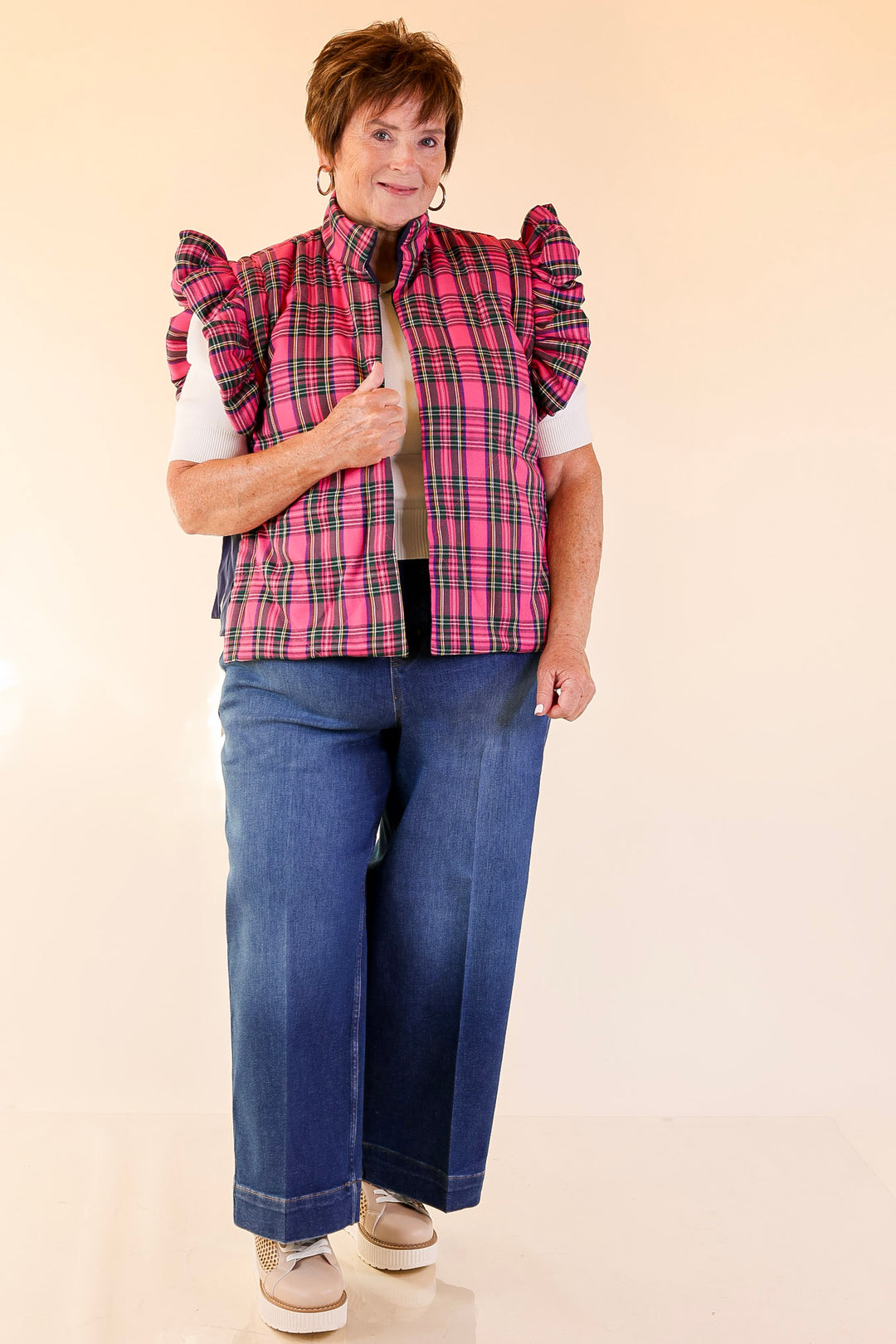 Mud Pie | Jefferies Quilted Plaid Reversible Vest with Ruffle Cap Sleeves and Bow Side Closure in Pink