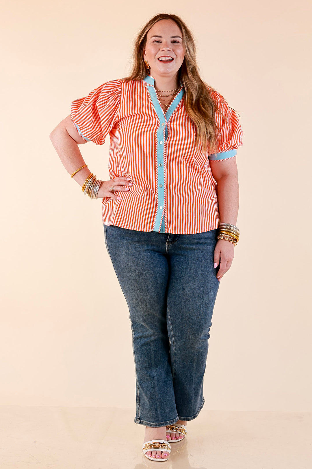 Pop of Polish Short Puff Sleeve Button Front Top with Contrast Trim in Orange, White and Sky Blue