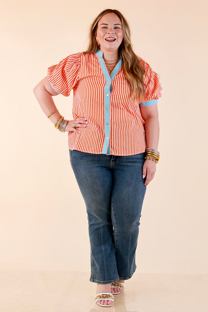 Pop of Polish Short Puff Sleeve Button Front Top with Contrast Trim in Orange, White and Sky Blue