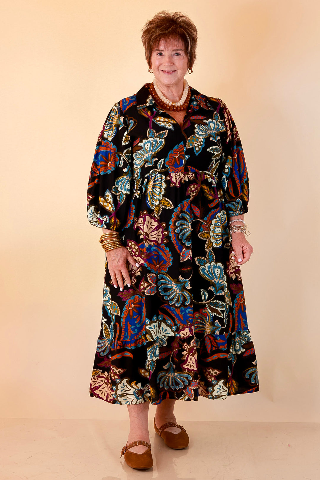 Season of Style Floral Print V Neck 3/4 Sleeve Collared Tiered Midi Dress in Black Multi