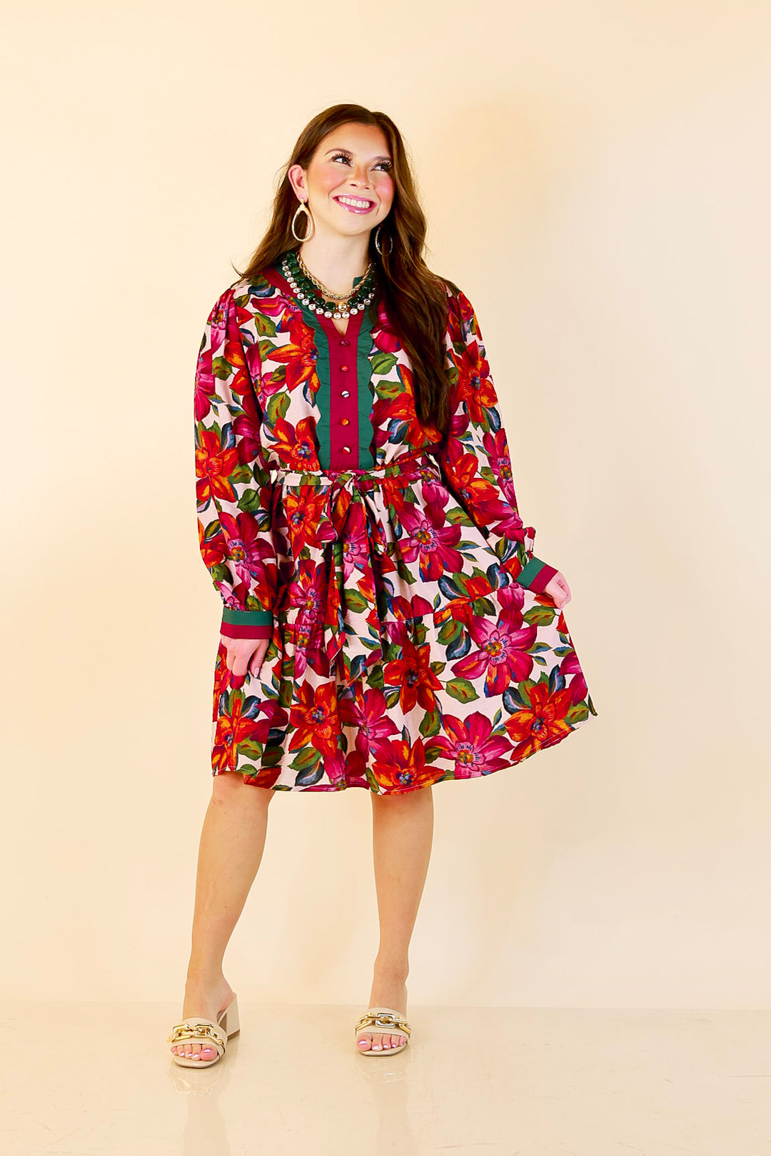 Color Me Confident Floral Print Button Front Contrast Trim Dress in Ivory, Plum and Emerald Green