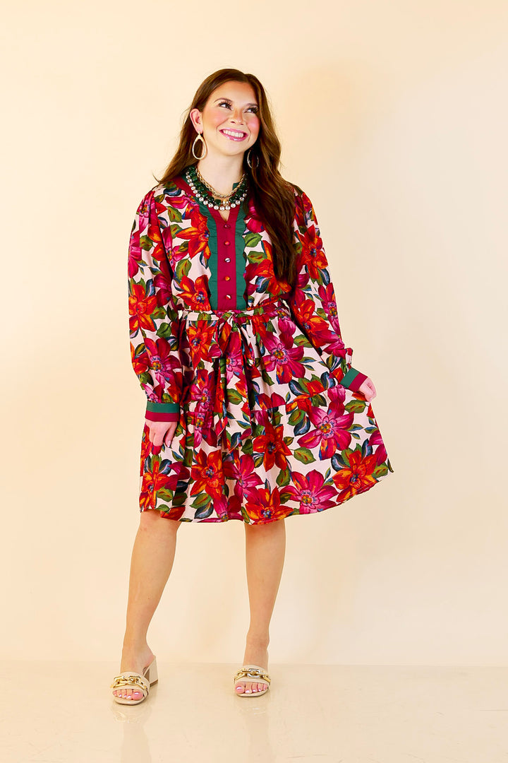 Color Me Confident Floral Print Button Front Contrast Trim Dress in Ivory, Plum and Emerald Green