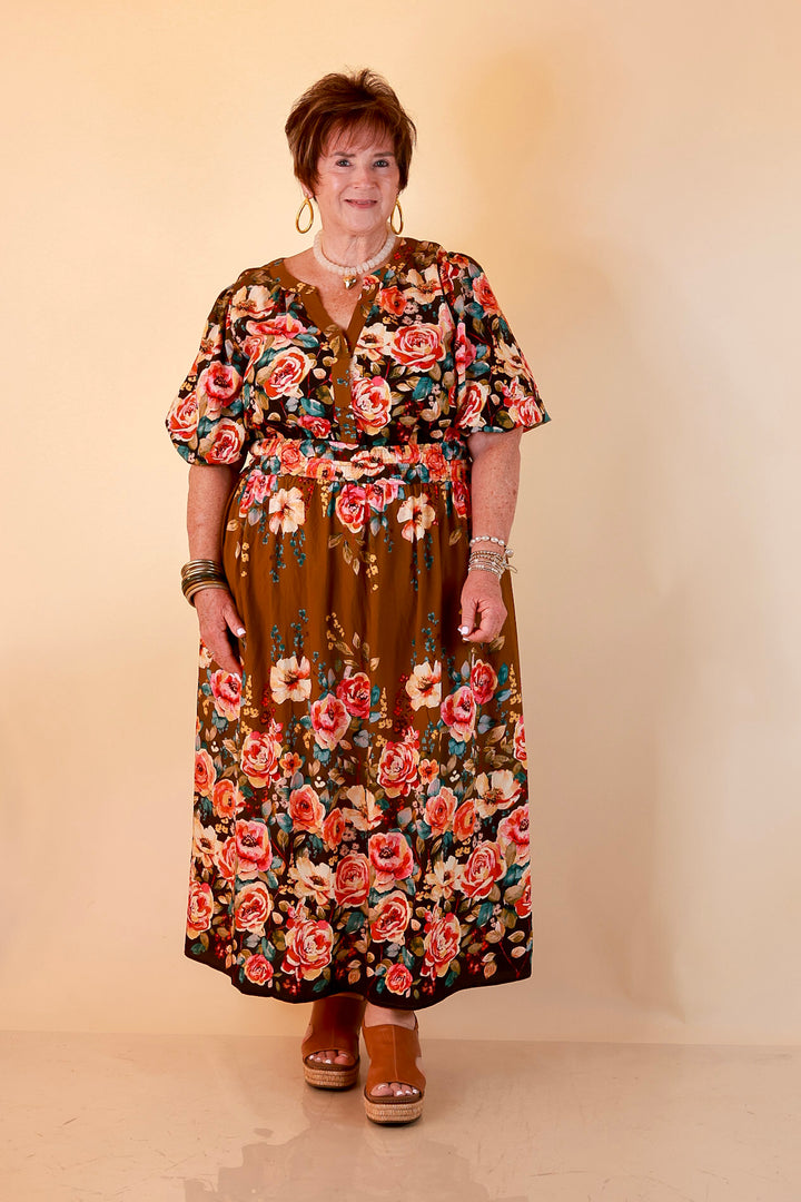 Brunch with the Girls Puff Sleeve Smocked Waist Floral Print Tiered Midi Dress in Chocolate Brown Multi