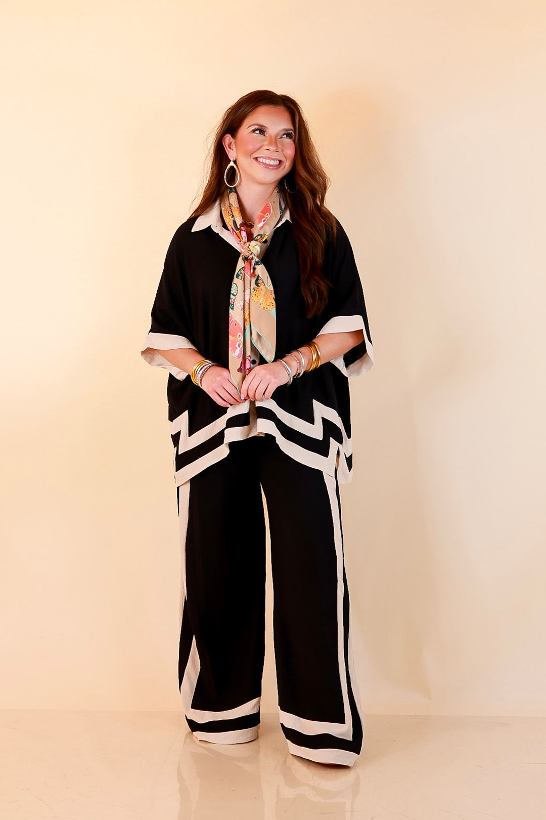 First Class Chic Button Front Collared Top with Matching Wide Leg Pants Set in Black and Ivory
