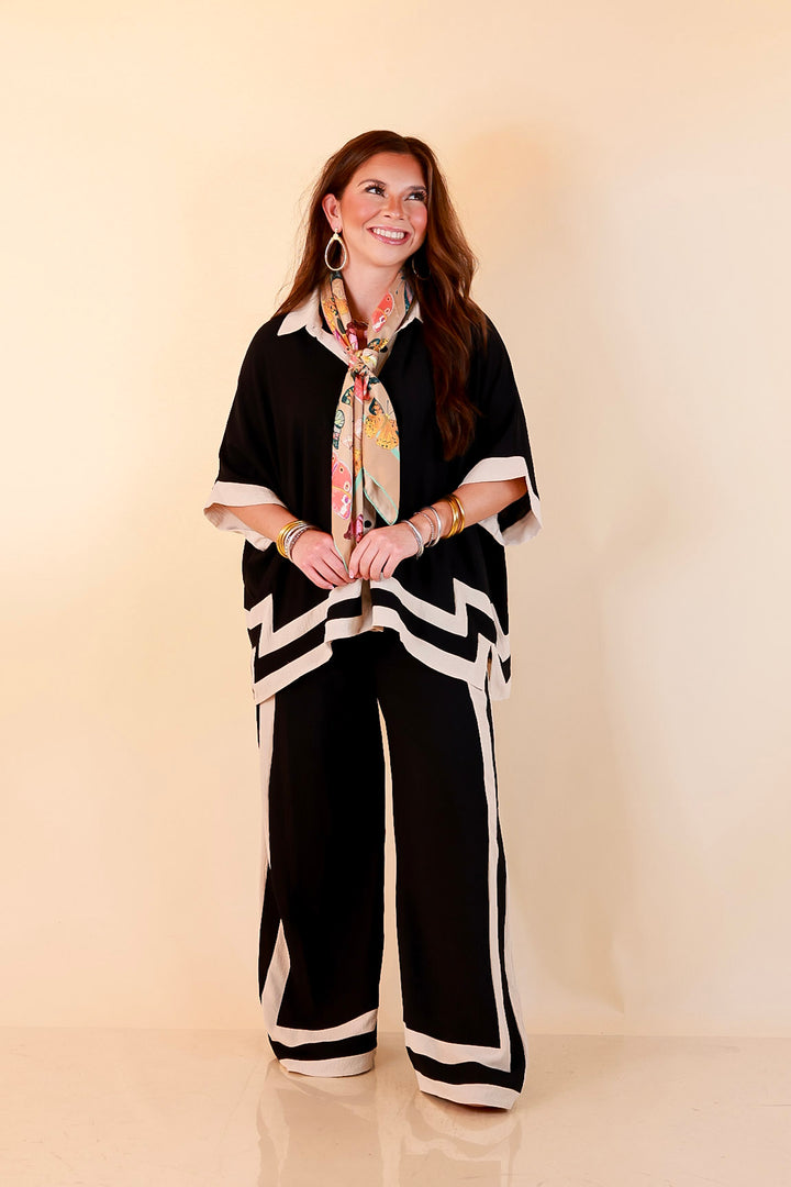 First Class Chic Button Front Collared Top with Matching Wide Leg Pants Set in Black and Ivory