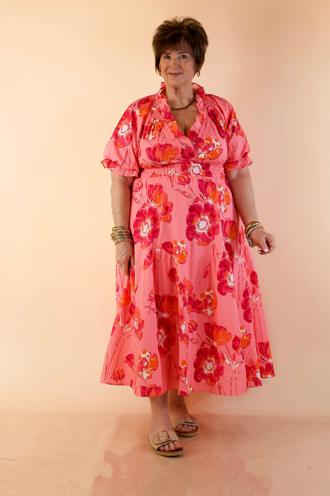 Breezy Belle Floral Print Textured Puff Sleeve Midi Dress with Smocked Waist in Pink Mix