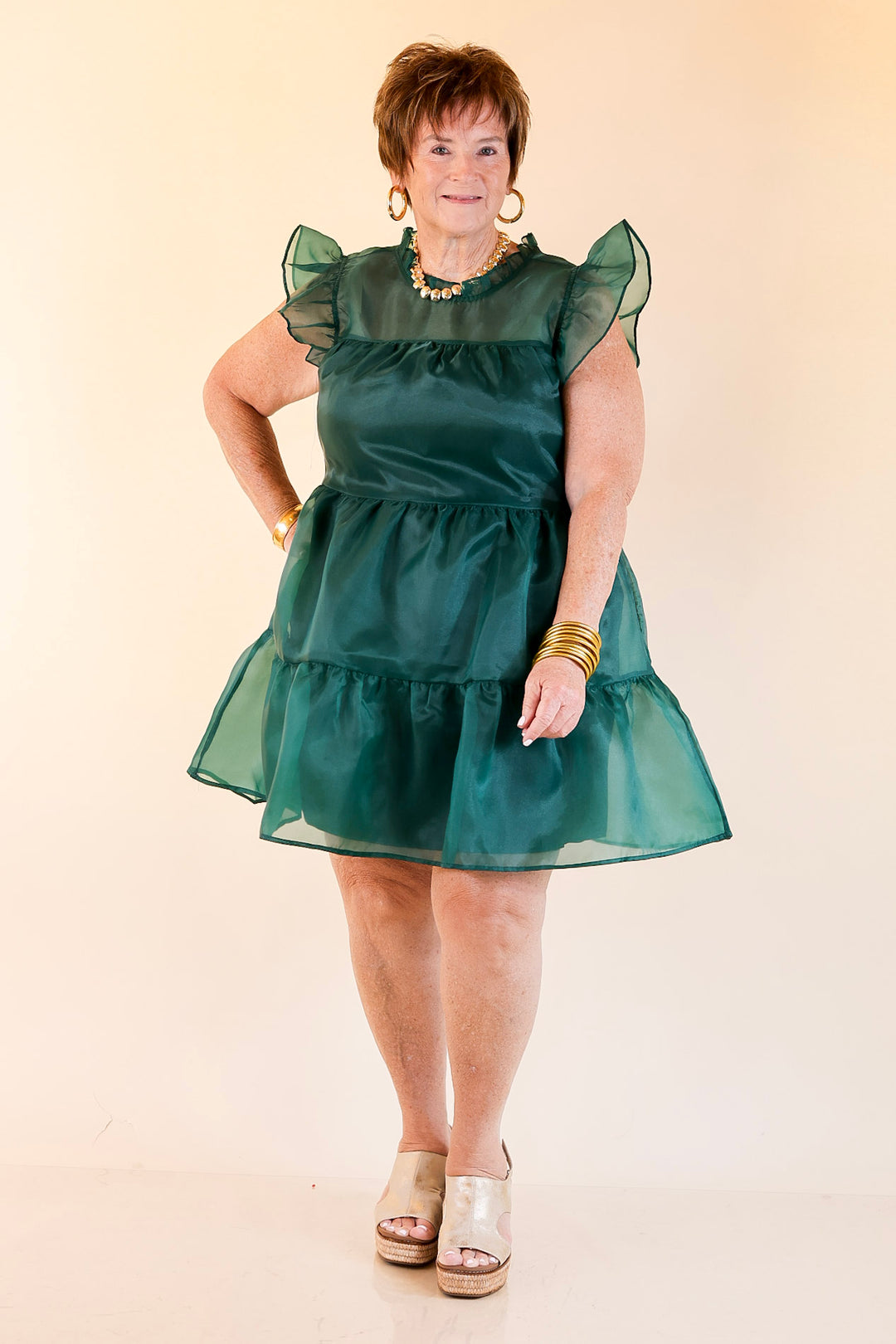 Mud Pie | Jane High Neck Sheer Tulle Ruffle Tiered Dress in Forest Green