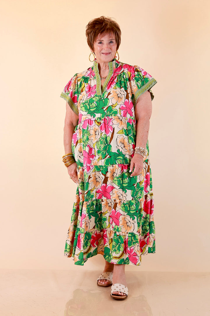 Spring Symphony Floral Print Tiered Midi Dress with Flutter Sleeves in Pink and Green