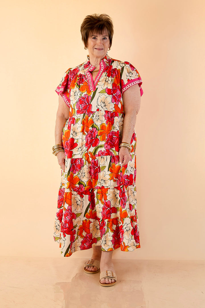 Spring Symphony Floral Print Tiered Midi Dress with Flutter Sleeves in Pink and Orange