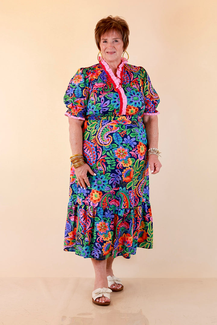 Gracefully Yours Floral and Paisley Print Midi Dress with Contrast Ruffle Trim in Navy Blue