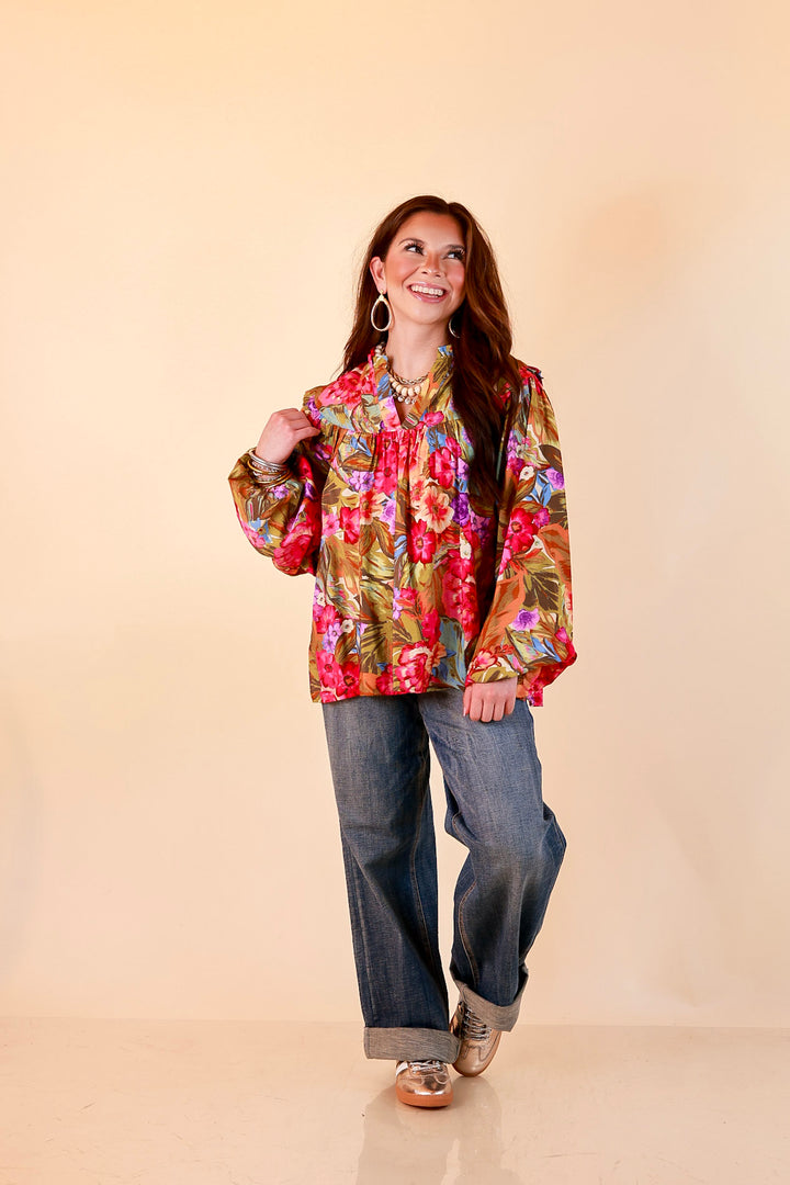 Garden Social Long Sleeve Ruffle Shoulder V-Neck Flowy Floral Print Blouse in Olive Green Multi