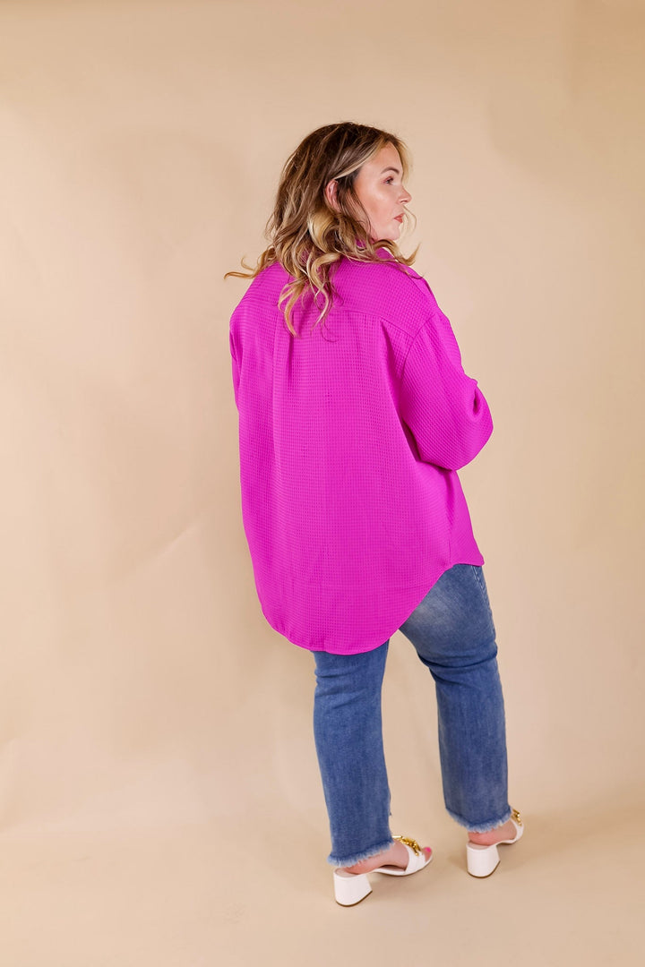 Escaping Ordinary Waffle Weave Button Up Top in Orchid Purple - Giddy Up Glamour Boutique