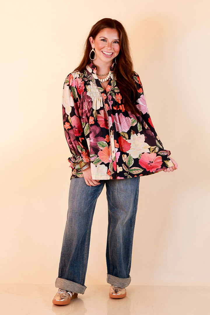 Pick of the Bunch Smocked Shoulder Button Front Floral Print Blouse in Black Multi