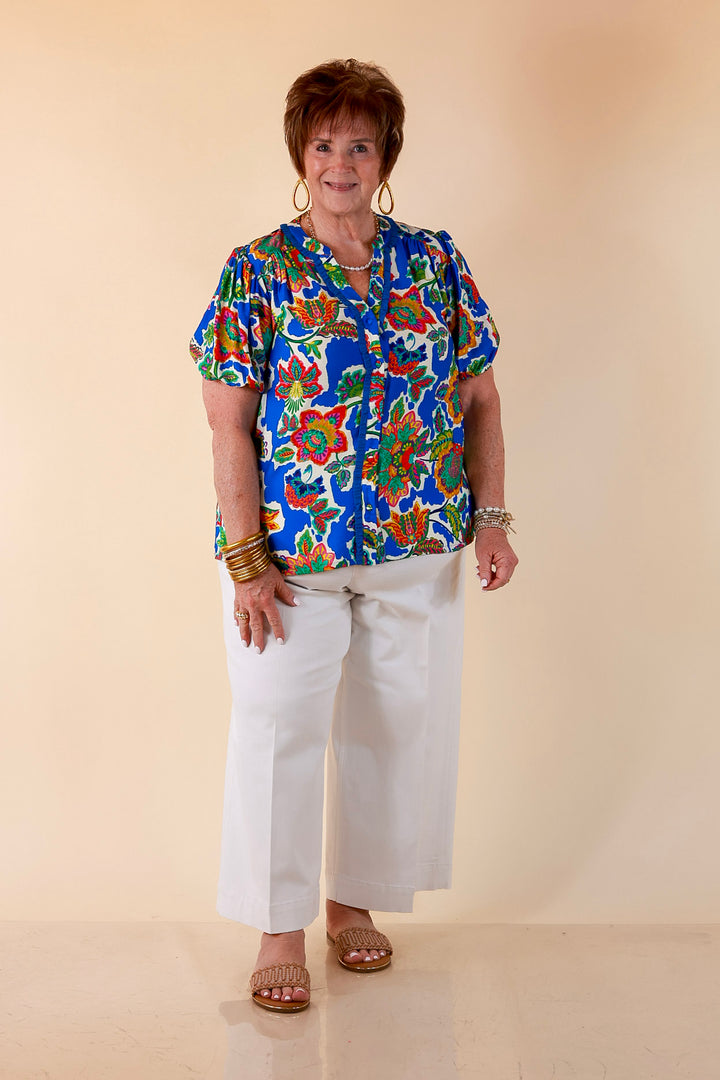Petal Pop Floral Print Ruffle Front Button Up Top with Puff Sleeves in Royal Blue
