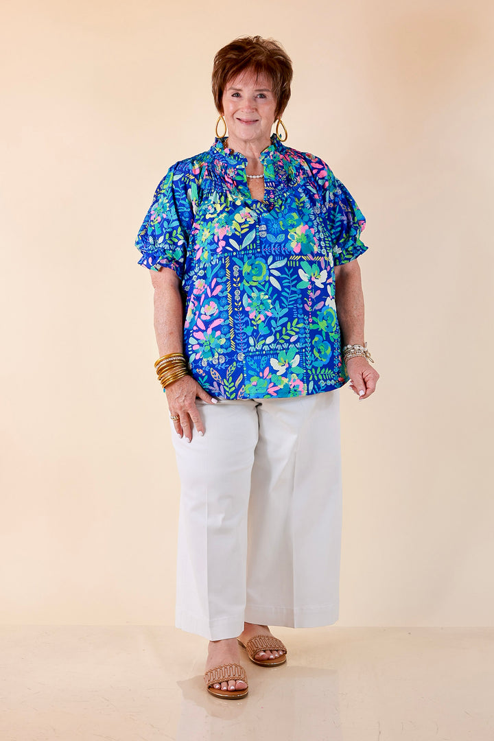 Living in Color Watercolor Floral Print Textured Top with Puff Sleeves in Royal Blue