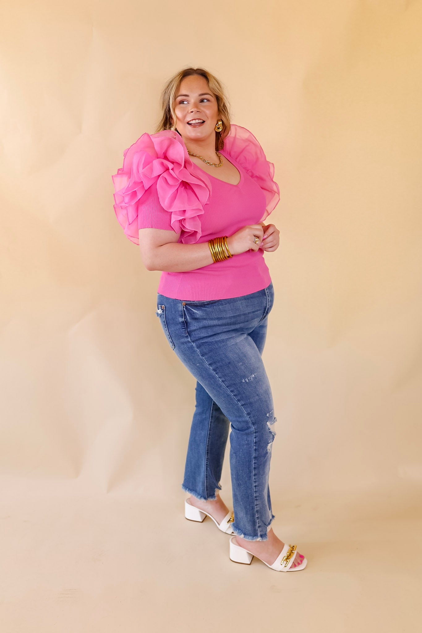 The Party Goes On Ribbed Fitted Top with Ruffle Sleeves in Pink - Giddy Up Glamour Boutique