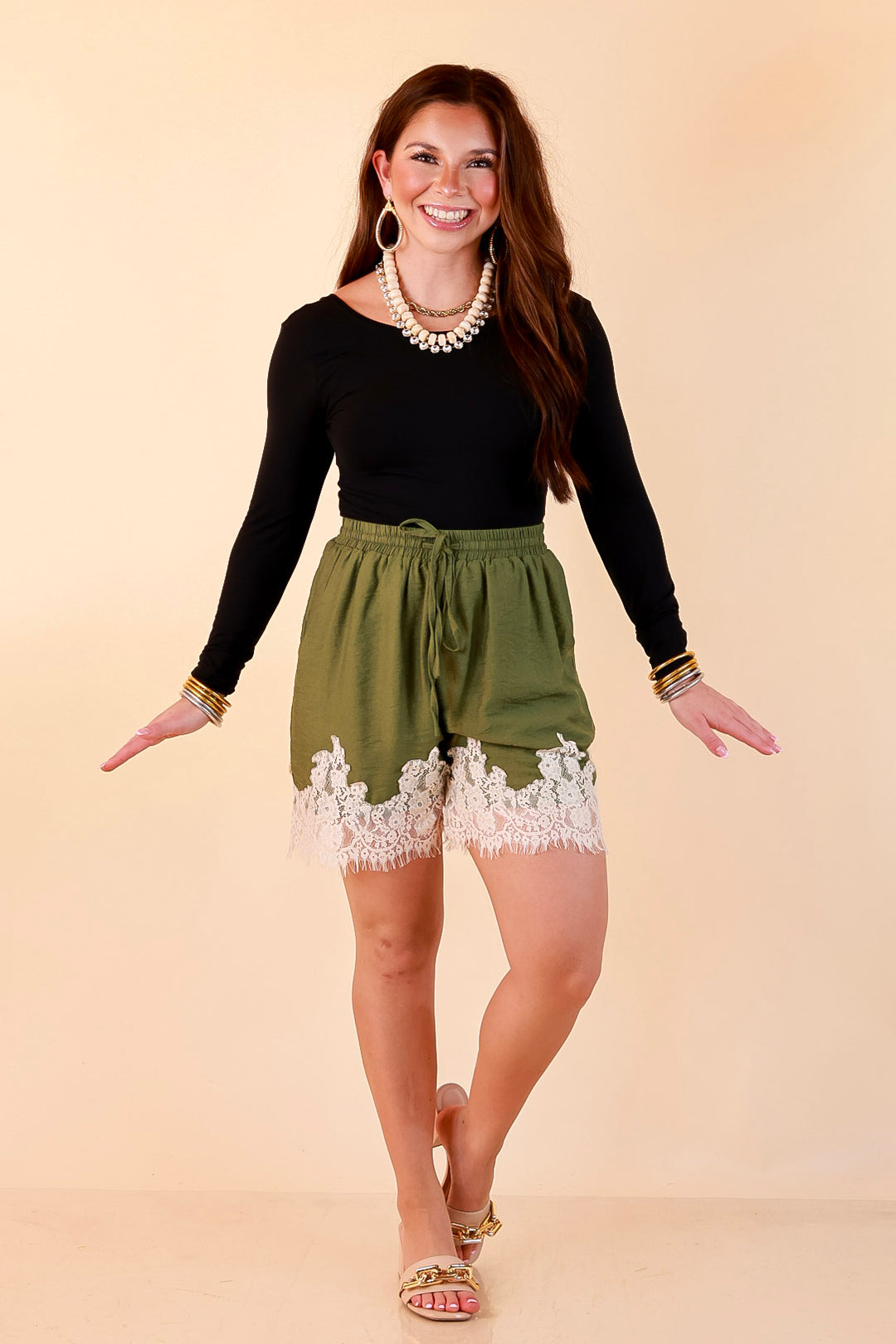 Pretty Little Something Solid Drawstring Shorts with Lace Trim in Olive Green