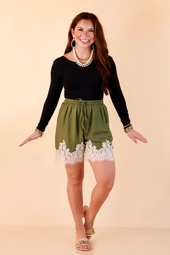 Pretty Little Something Solid Drawstring Shorts with Lace Trim in Olive Green