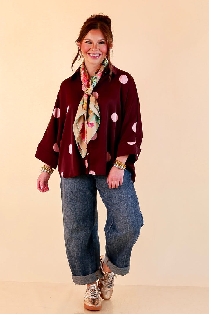 Two of a Kind Oversized Long Sleeve Button Down Blush Pink Polka Dot Blouse in Maroon