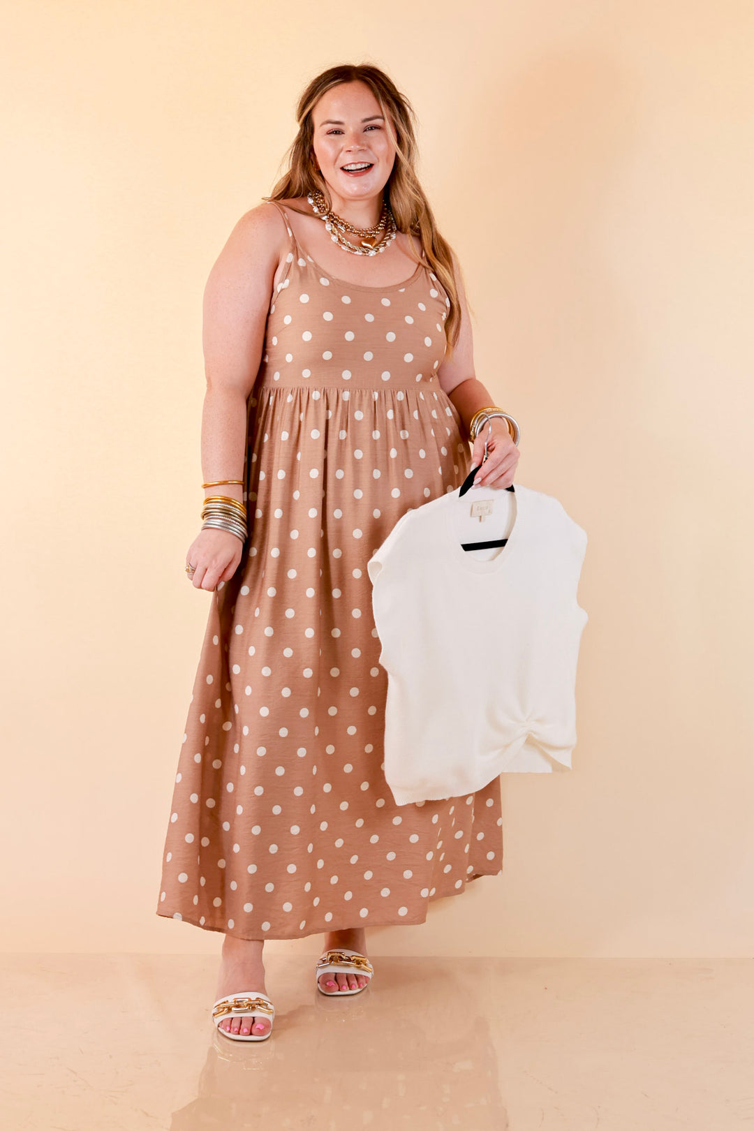 Two Ways to Charm Polka Dot Spaghetti Strap Dress Set with Detachable Ivory Top in Taupe