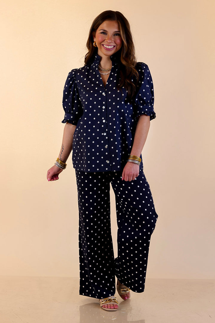 Poised and Polished Button Front Puff Sleeve Top with Polka Dot Print in Navy Blue and White