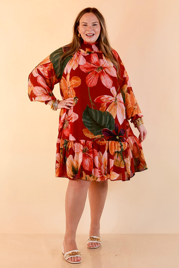 Autumn Romance Ruffle Neck Long Sleeve Floral Peplum Dress in Rust Red Multi