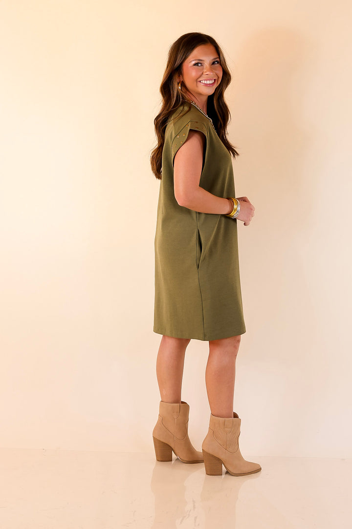 Graceful Glimpse Dress with Gold Stud Detail in Olive Green