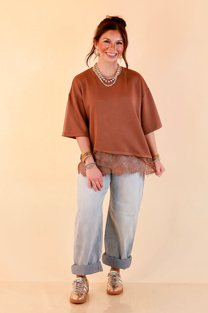 Laced with Charm Oversized Asymmetrical Lace Trim Boxy Top in Coco Brown