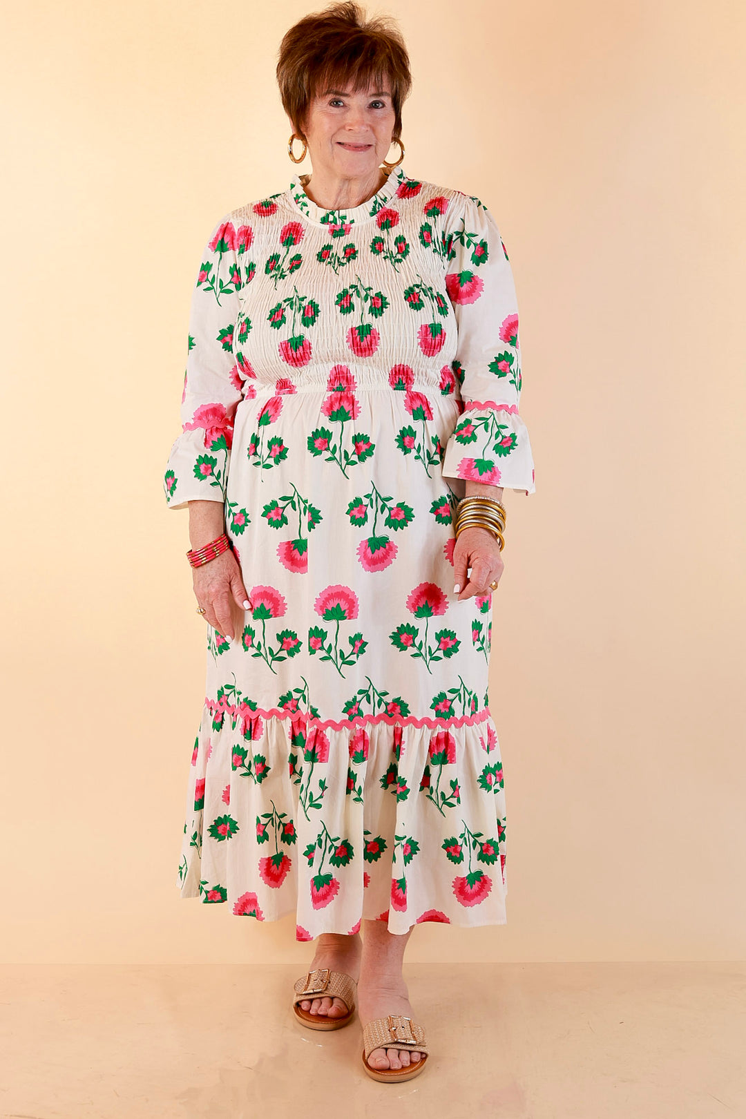 Mud Pie | Petal Parade Smocked Floral Print Tiered Midi Dress with Scallop Trim in Cream Multi