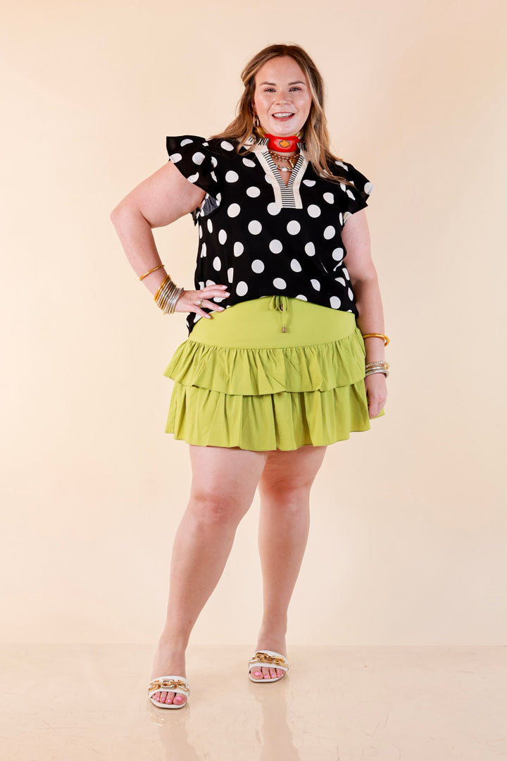 In Good Company Large Polka Dot Blouse with Ruffle Sleeves and Contrast Trim and Collar in Black with Cream Dots