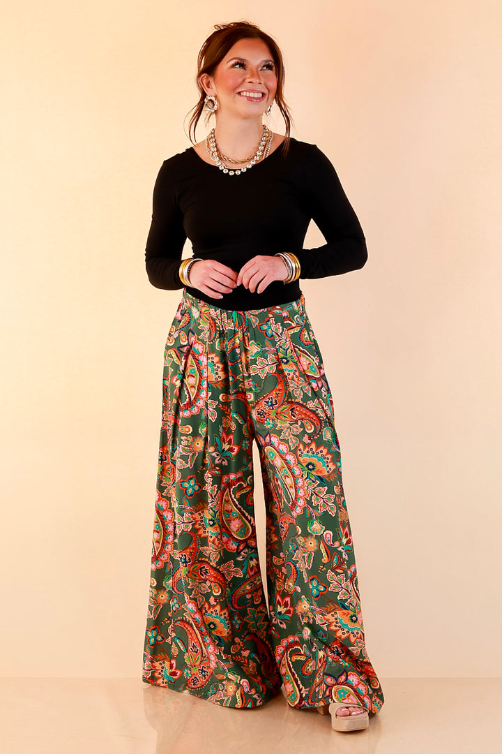 Free to Be Paisley Print Wide Leg Elastic Waist Pants in Olive Green