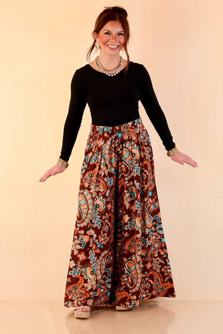 Free to Be Paisley Print Wide Leg Elastic Waist Pants in Chocolate Brown