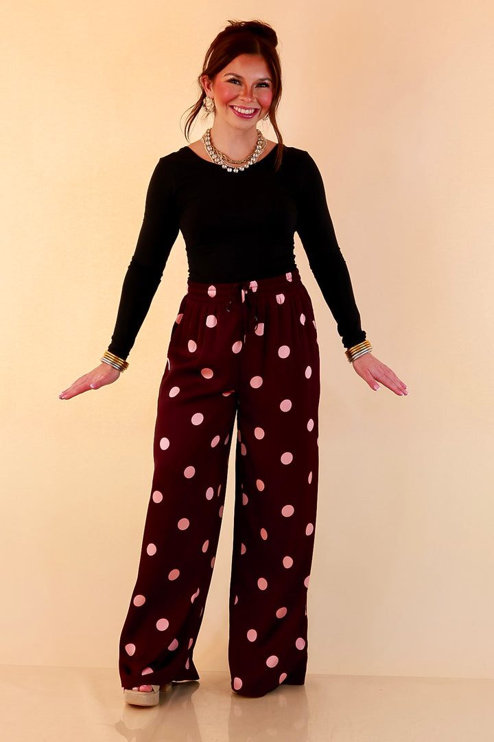 Two of a Kind Full Length Wide Leg Pull-On Drawstring Blush Pink Polka Dot Pants in Maroon