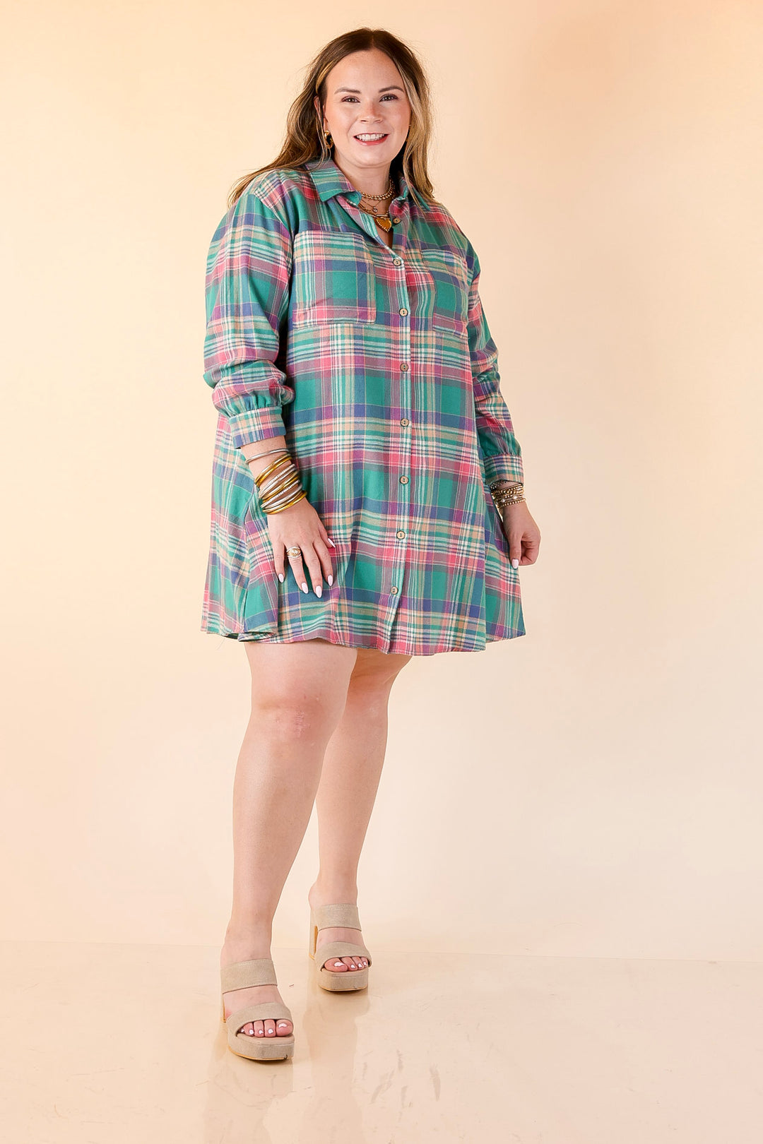 Vibrant Lifestyle Plaid Button Up Dress in Teal and Pink